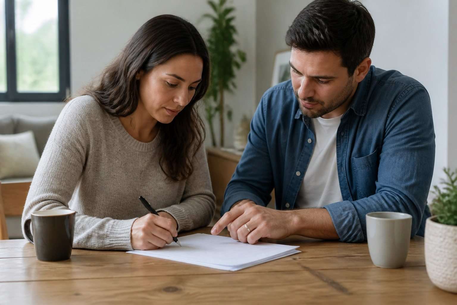 Pareja redactando acuerdos de convivencia en una mesa